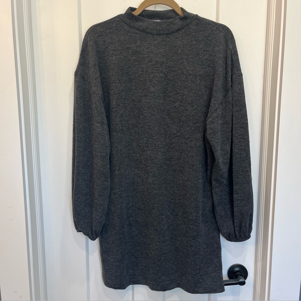 Zara Women’s Dark Heather Gray Long Balloon Sleeve Mini Sweater Dress Size Small